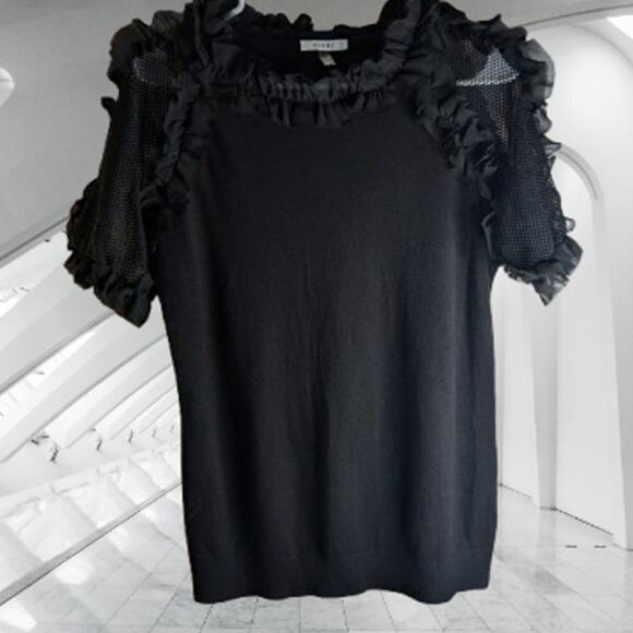 Sioni Medium black with ruffle accent polyester blend stretch woman's knit top. - Picture 1 of 1